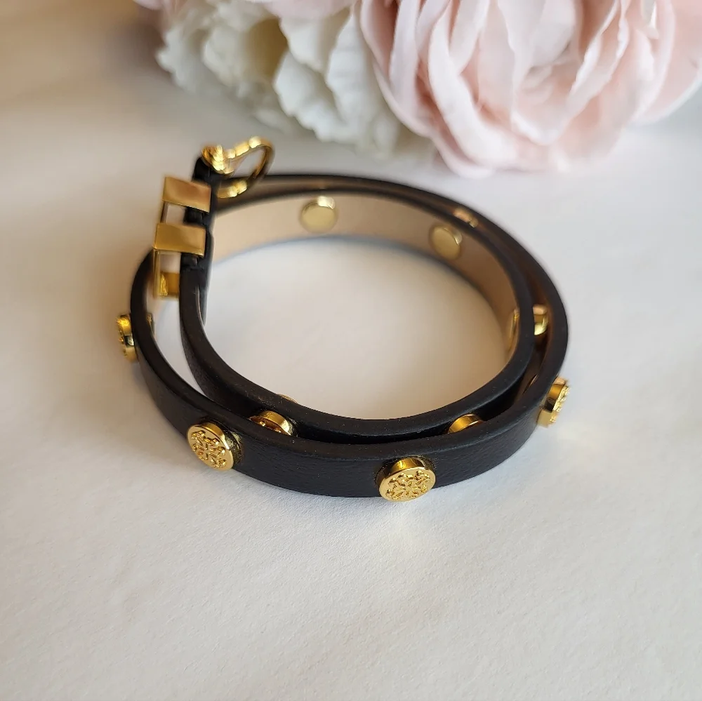 Rustic Cuff Black Leather Double Wrap Bracelet Studs Buckle Closure Goldtone - Picture 3 of 11